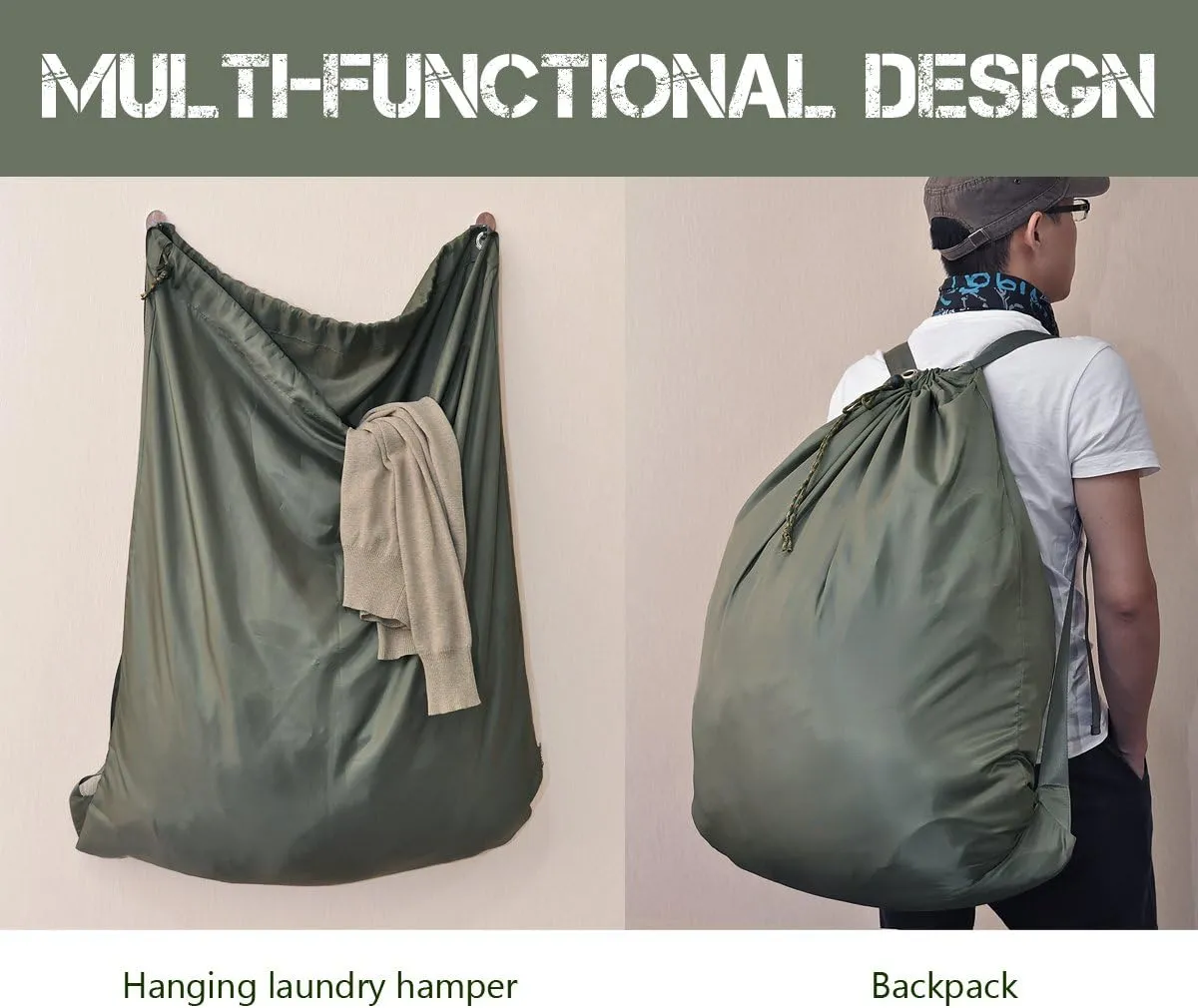 25X 31Hanging Laundry Bags with Adjustable Shoulder Straps and Soft Pad, Ideal for College Dormitory Laundromat, Clean Store, Heavy-Duty & Easy to Wash, Travel Duffel Bags, Army Green