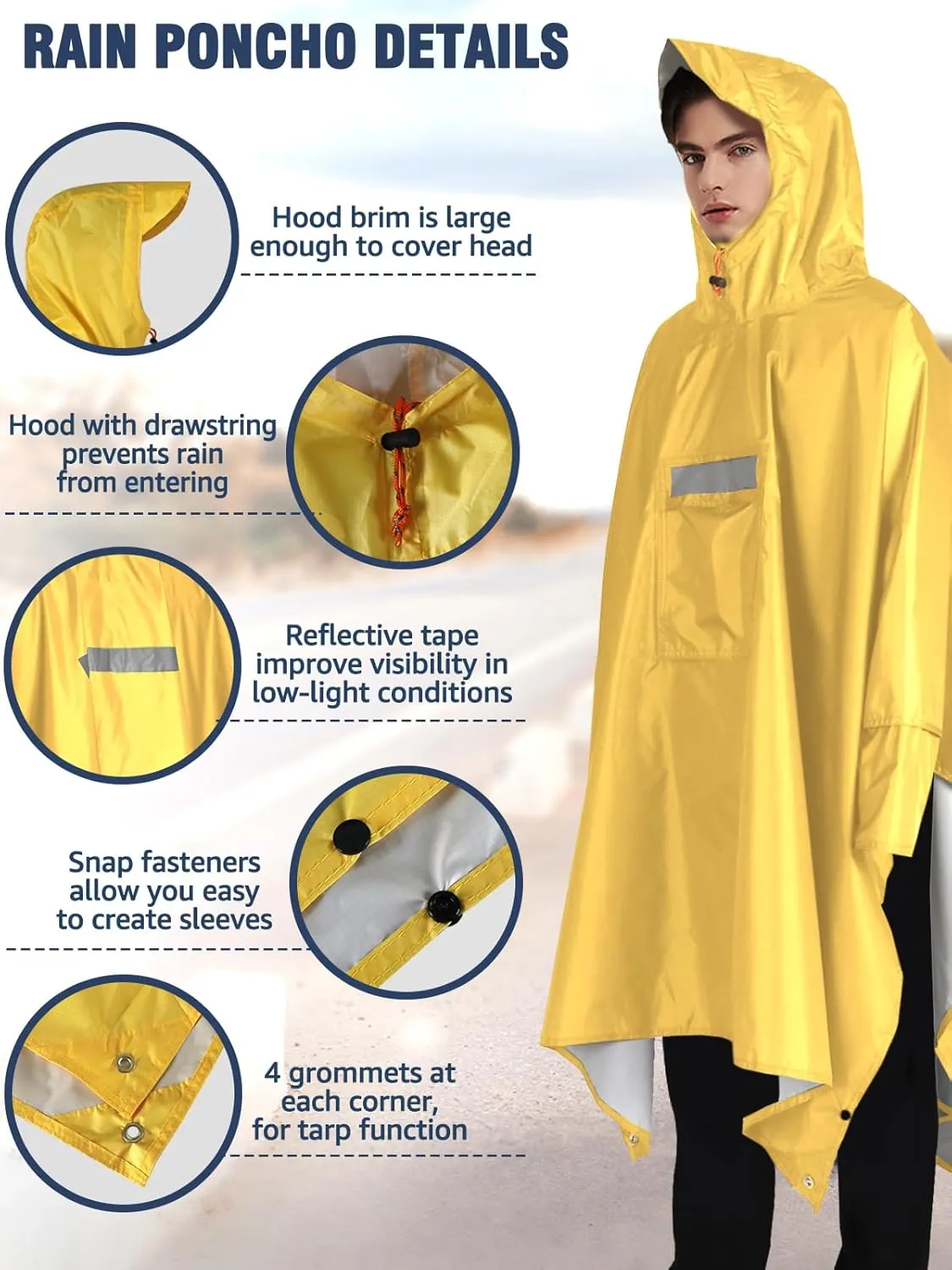 ANYOO Hooded Rain Poncho for Adults Waterproof Lightweight Rain Coat for Men Women Reusable Rain Jacket for Emergency Outdoor