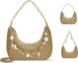 Beach Purse Straw Shoulder Bag for Women, Summer Purse with Shell Pearl Bag Charms & 2Pcs Detachable Strap Chain