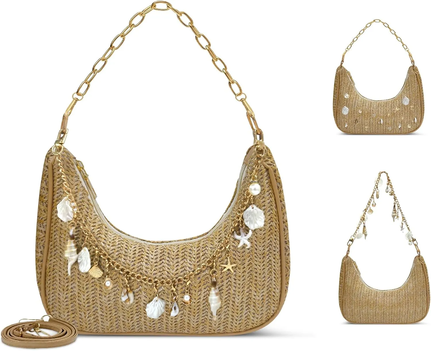 Beach Purse Straw Shoulder Bag for Women, Summer Purse with Shell Pearl Bag Charms & 2Pcs Detachable Strap Chain