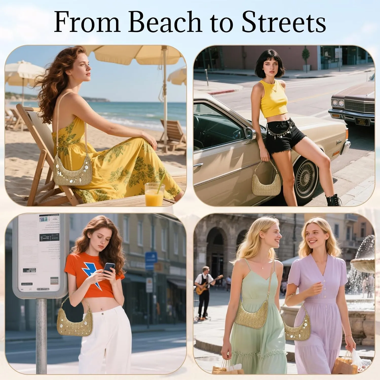 Beach Purse Straw Shoulder Bag for Women, Summer Purse with Shell Pearl Bag Charms & 2Pcs Detachable Strap Chain