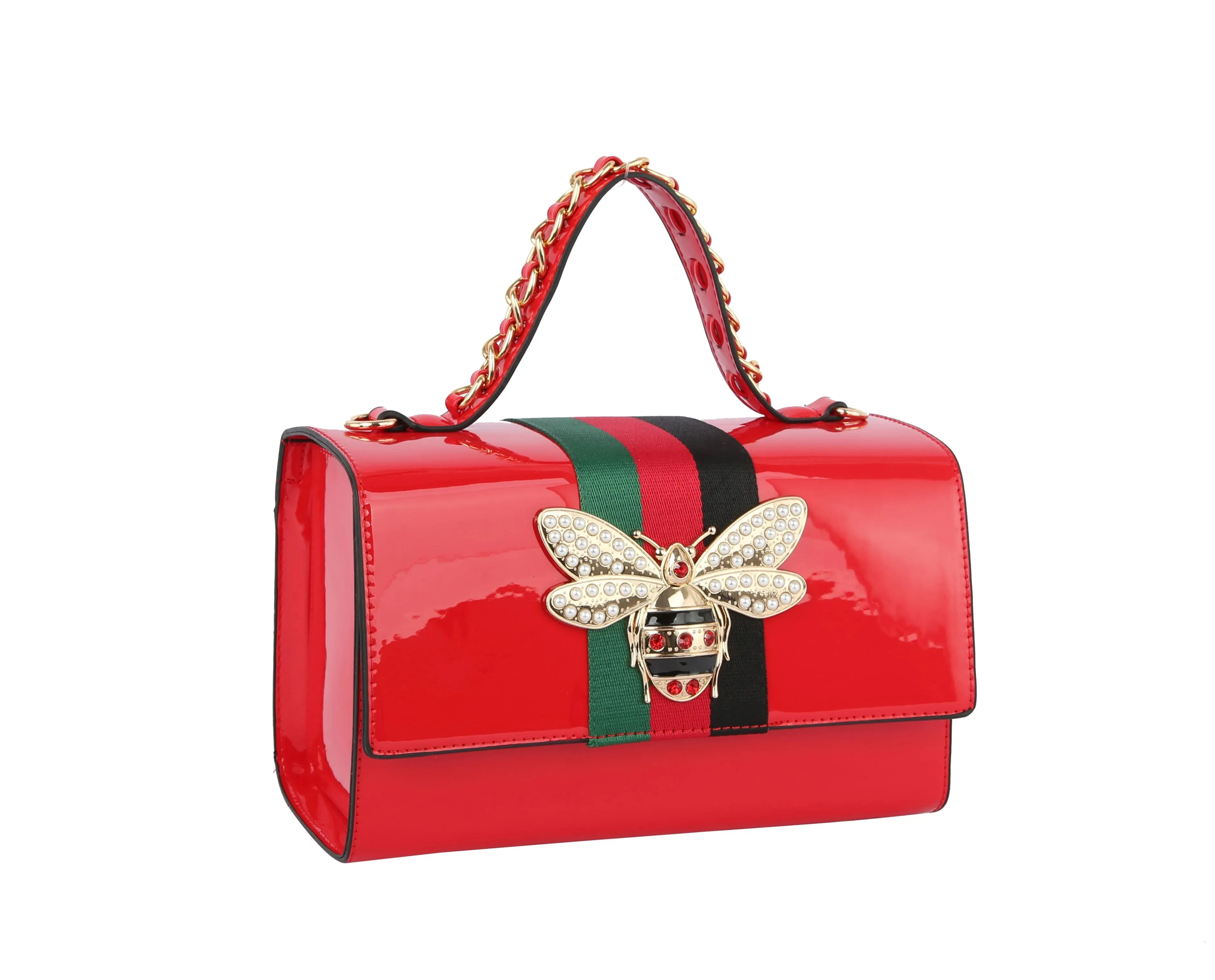 Bee Pendant Patent Satchel Handbag