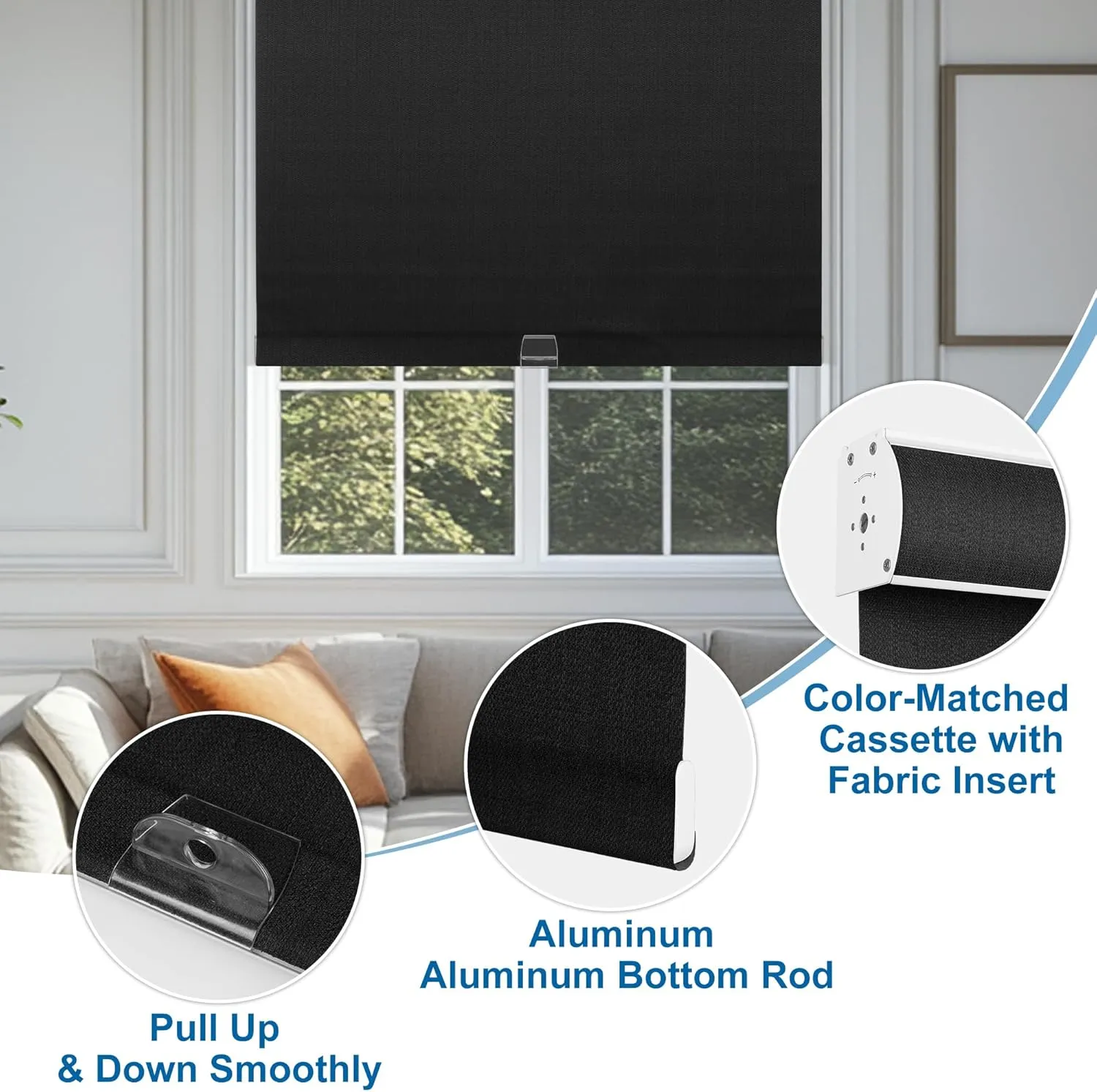 Blackout Roller Shades for Windows Cordless, Linen Fabric Roller Blinds Room Darkening Shades with Valance Thermal Insulated Window Shades for Home Office,Door,Black,35" W x 72" H
