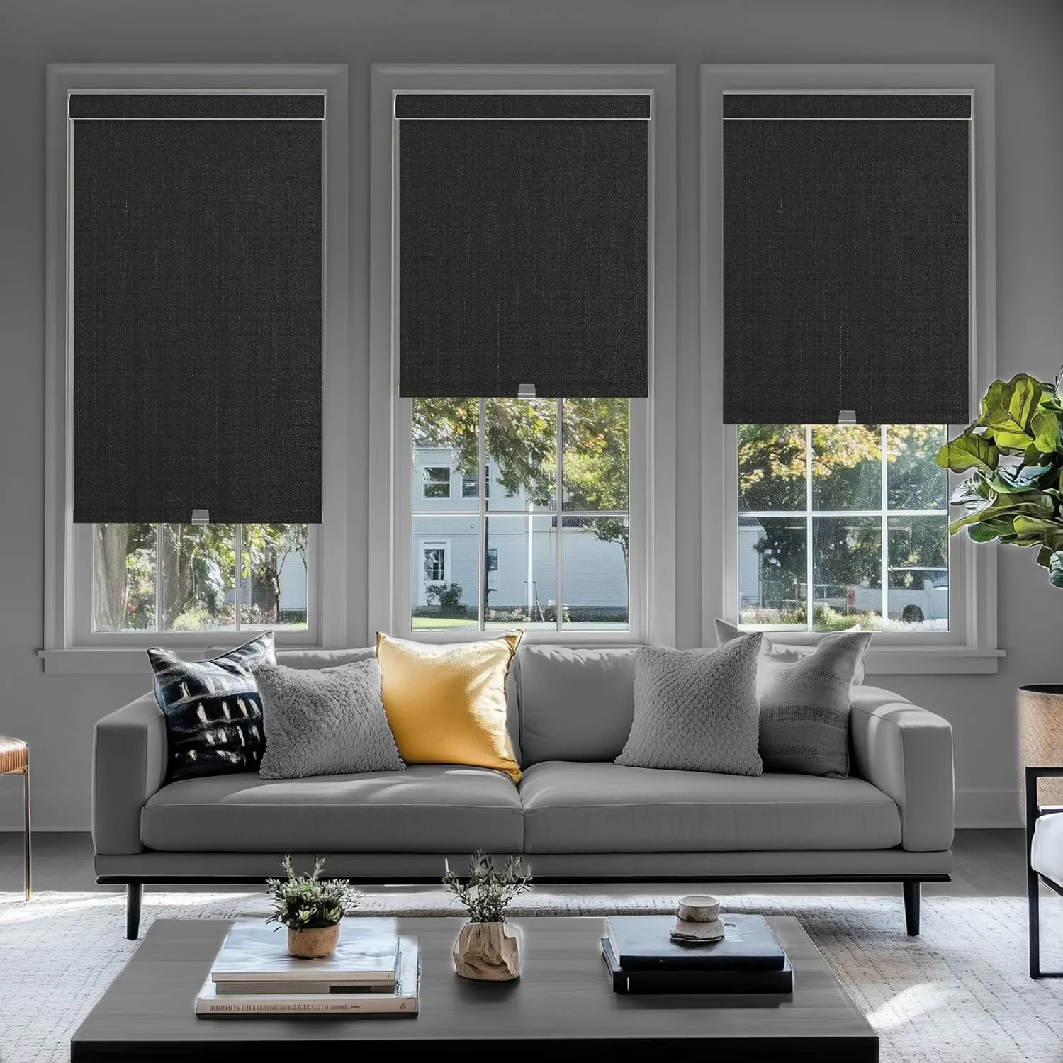 Blackout Roller Shades for Windows Cordless, Linen Fabric Roller Blinds Room Darkening Shades with Valance Thermal Insulated Window Shades for Home Office,Door,Black,35" W x 72" H