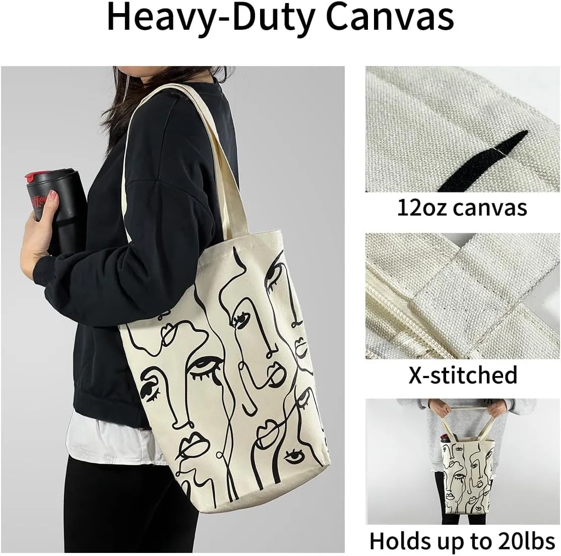 Canvas Tote Bag for Women, Aesthetic Tote Bag with Zipper Pocket for Grocery Travel Work Gift, Canvas Shopping Bag