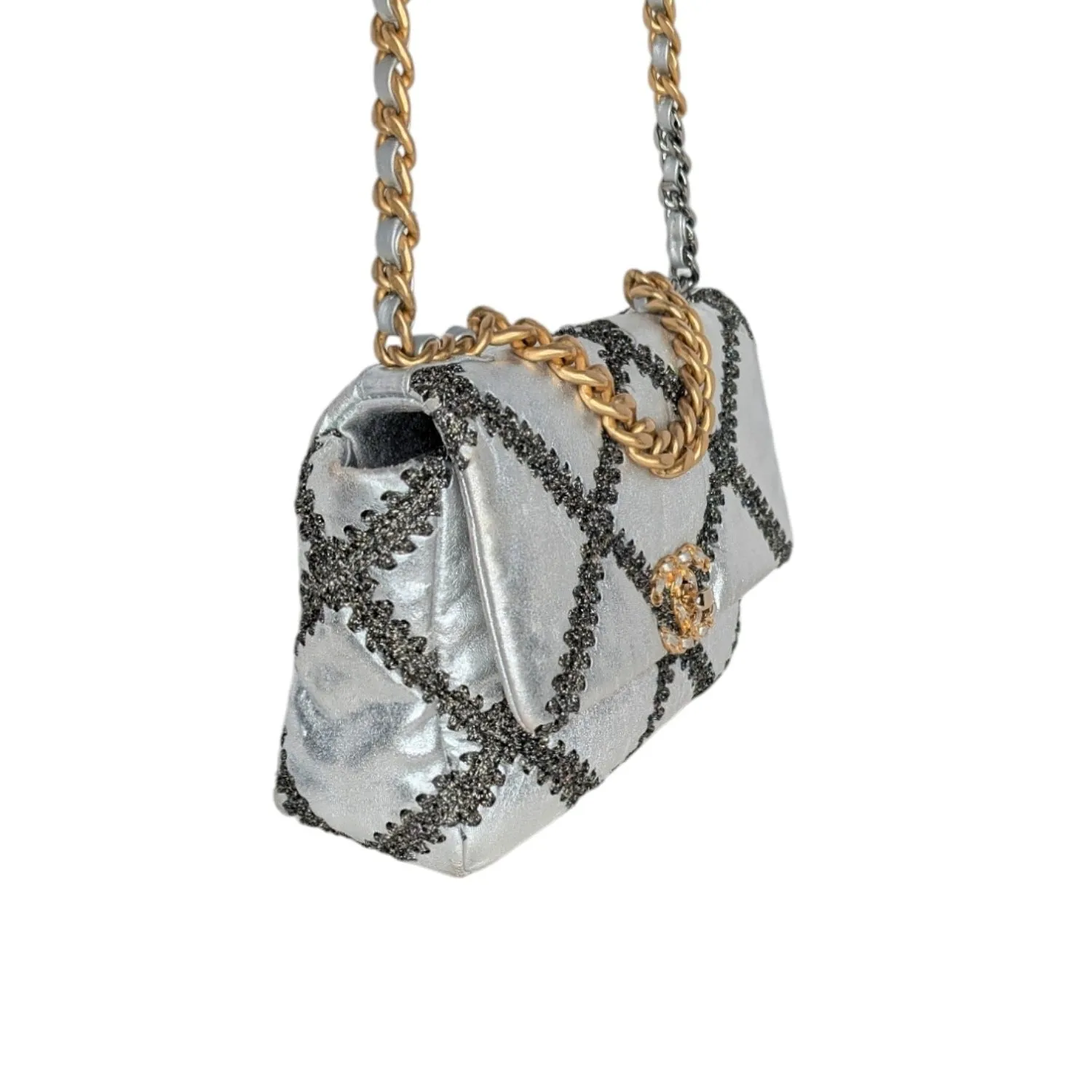 Chanel 2021 Metallic Calfskin Crochet Medium Chanel 19 Flap