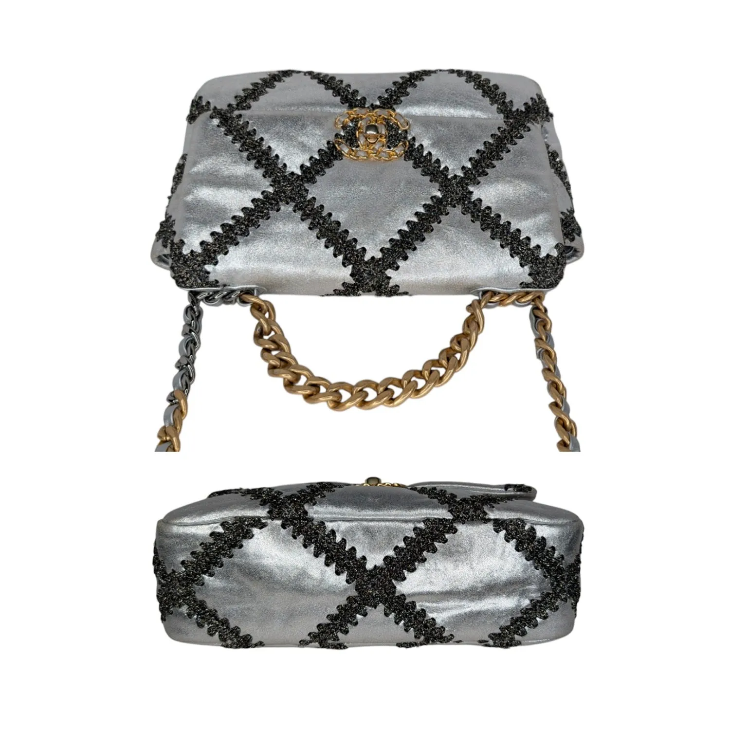 Chanel 2021 Metallic Calfskin Crochet Medium Chanel 19 Flap