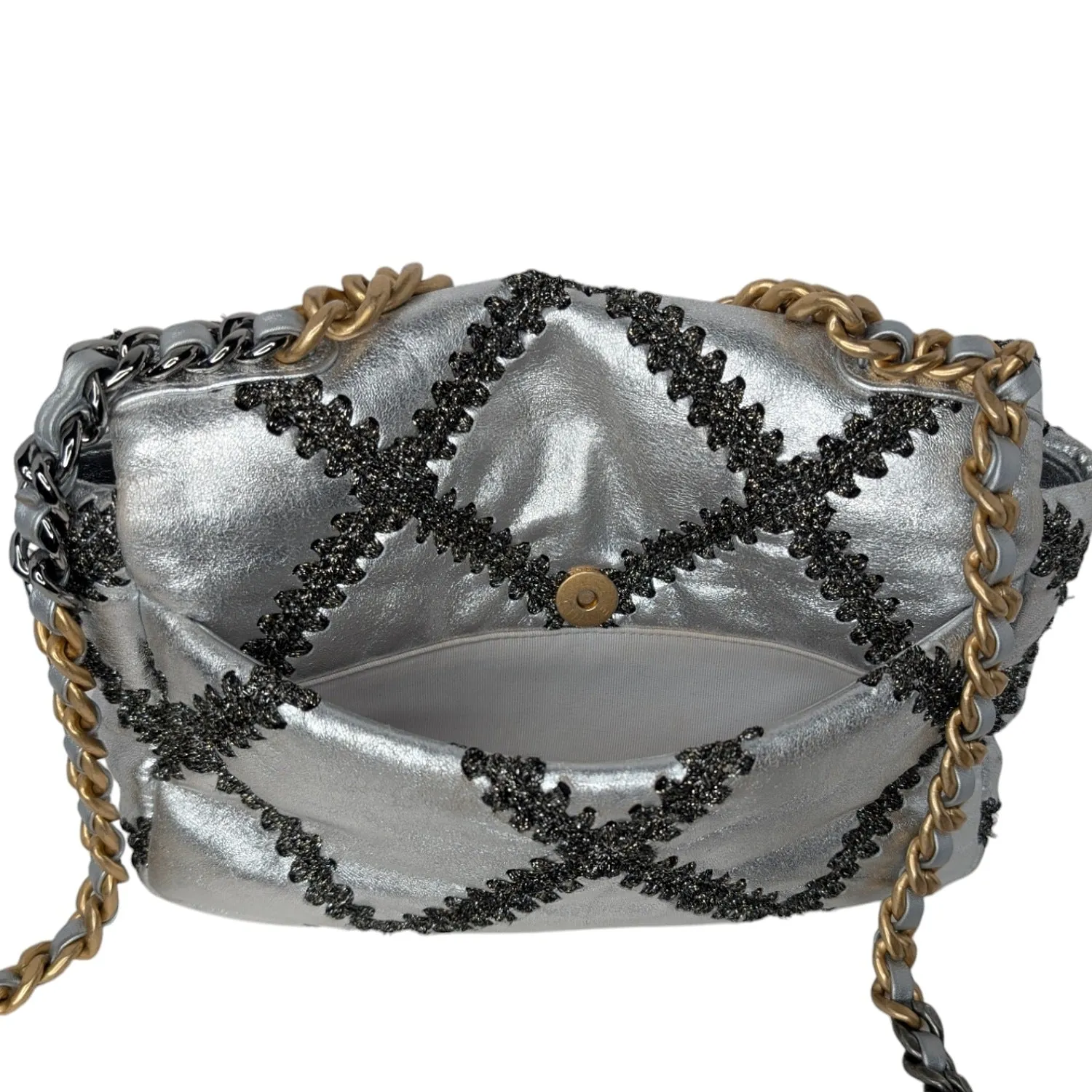 Chanel 2021 Metallic Calfskin Crochet Medium Chanel 19 Flap