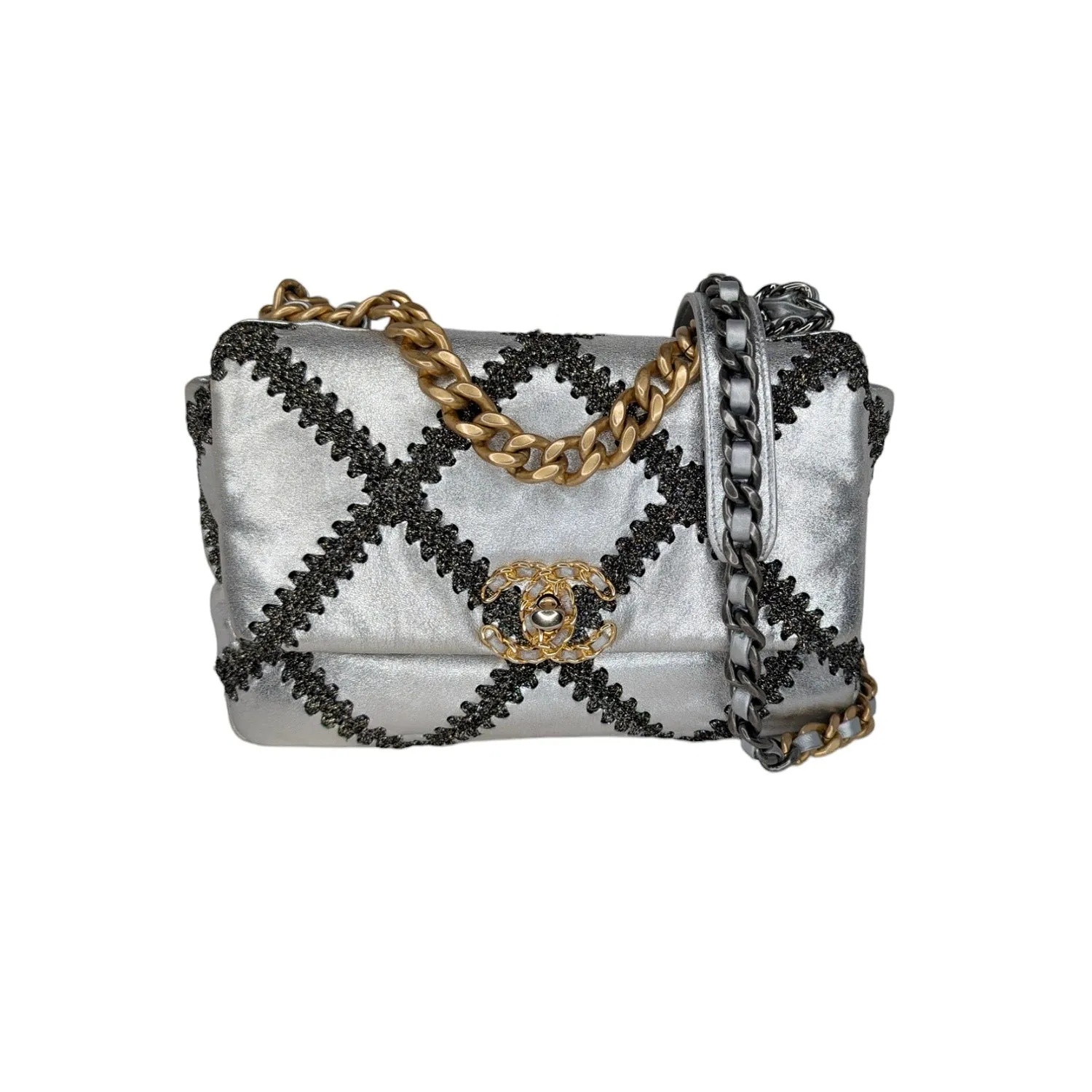 Chanel 2021 Metallic Calfskin Crochet Medium Chanel 19 Flap