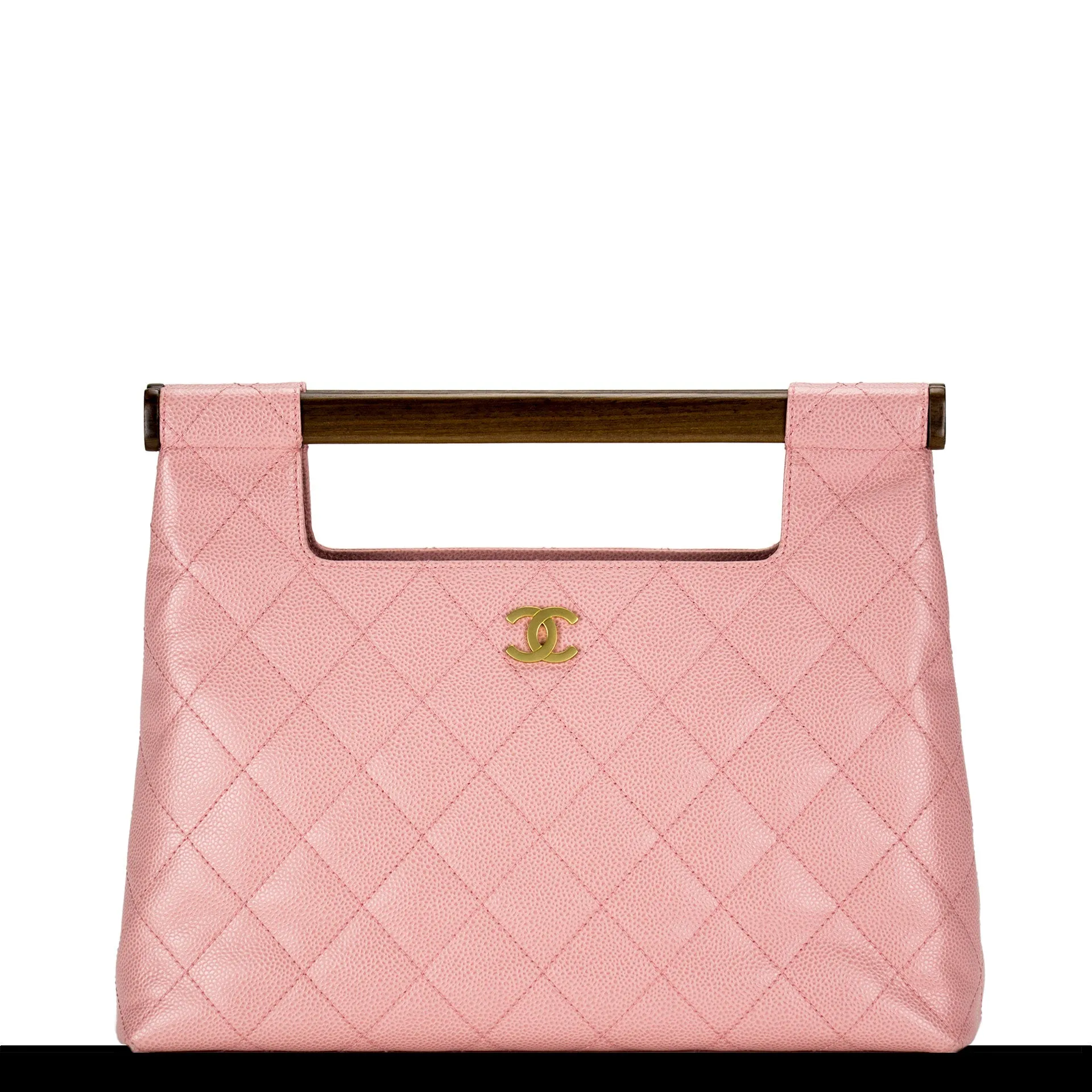 Chanel Baby Pink Caviar Quilted Clutch Wood Handle Tote