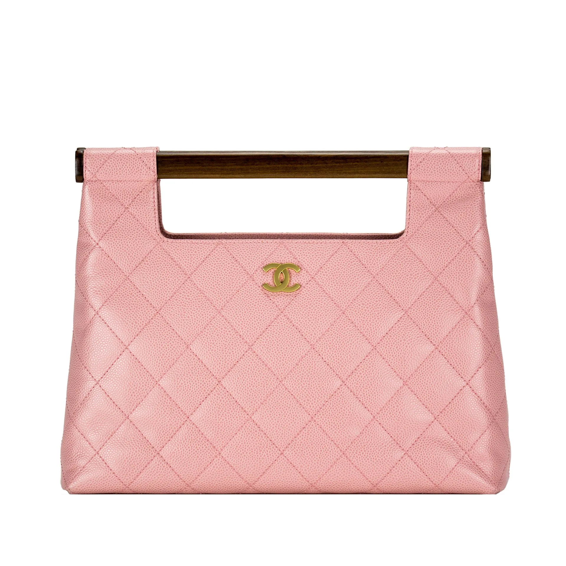 Chanel Baby Pink Caviar Quilted Clutch Wood Handle Tote