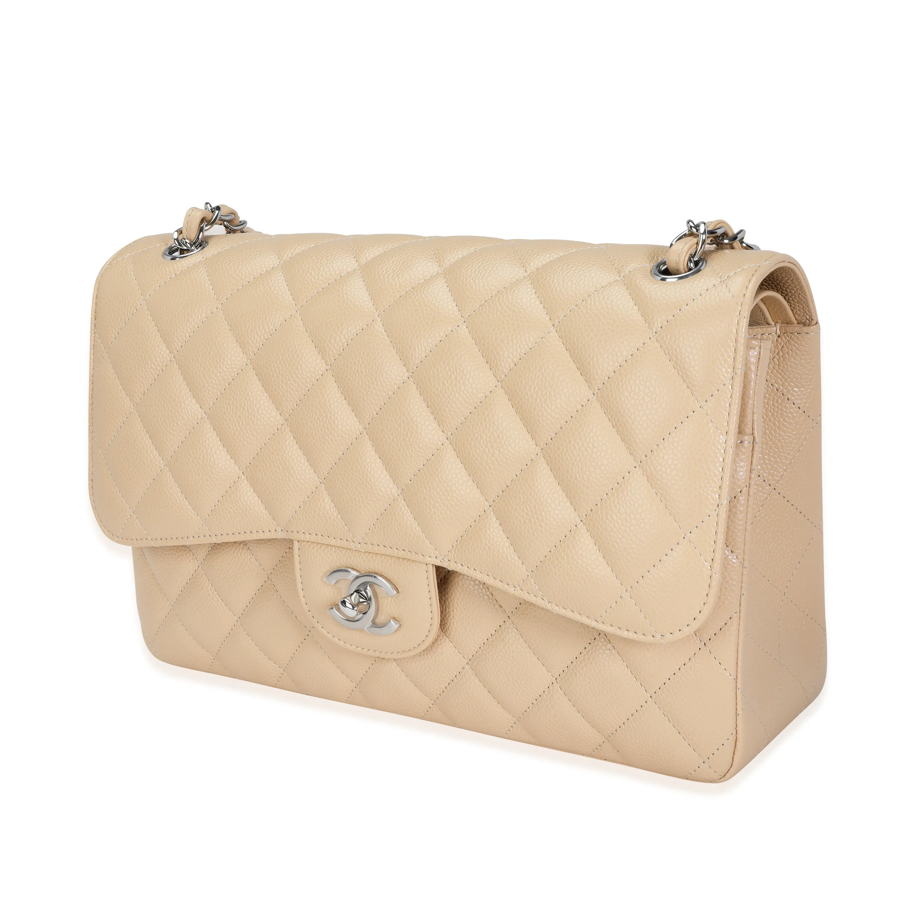 CHANEL Beige Quilted Caviar Jumbo Classic Double New Bag