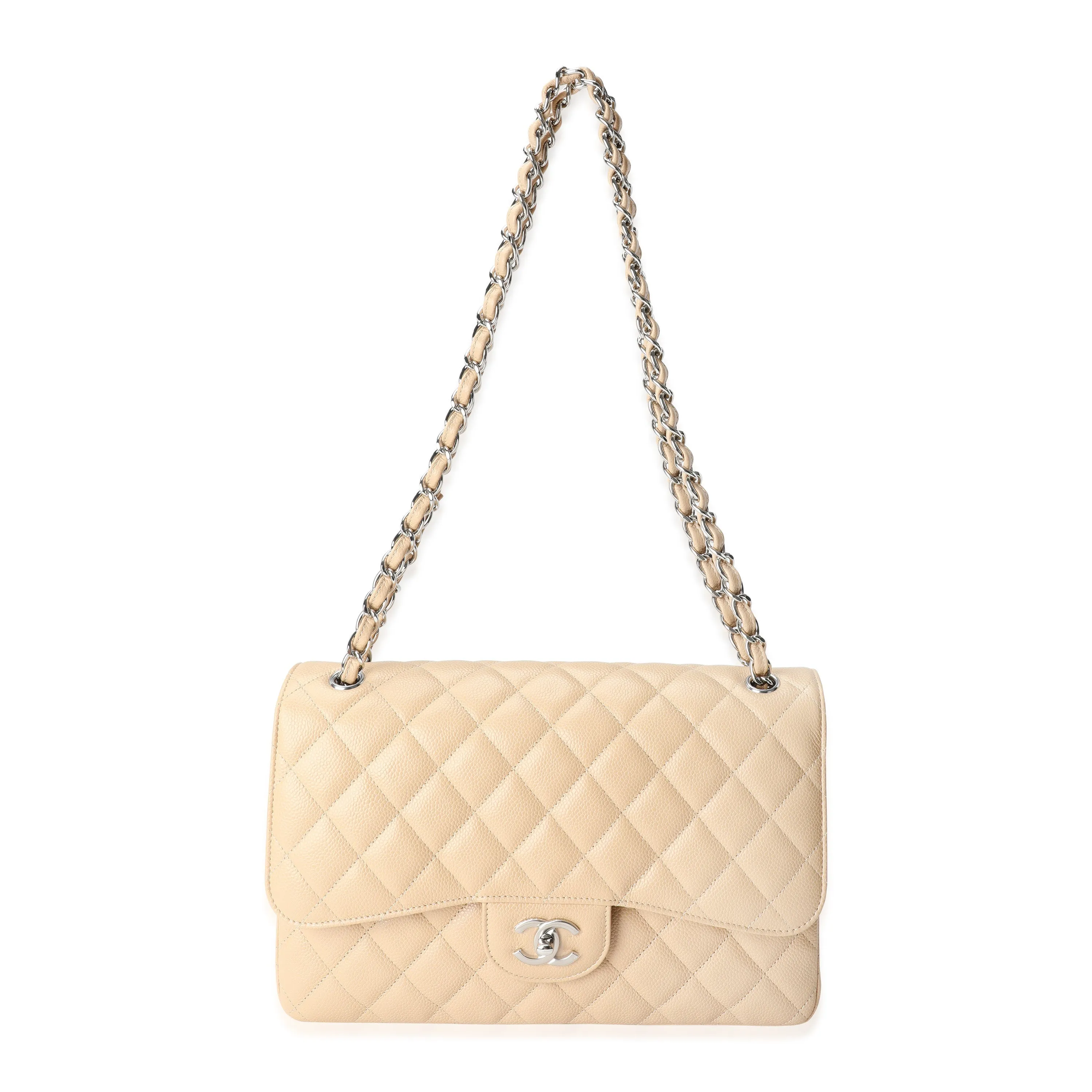 CHANEL Beige Quilted Caviar Jumbo Classic Double New Bag