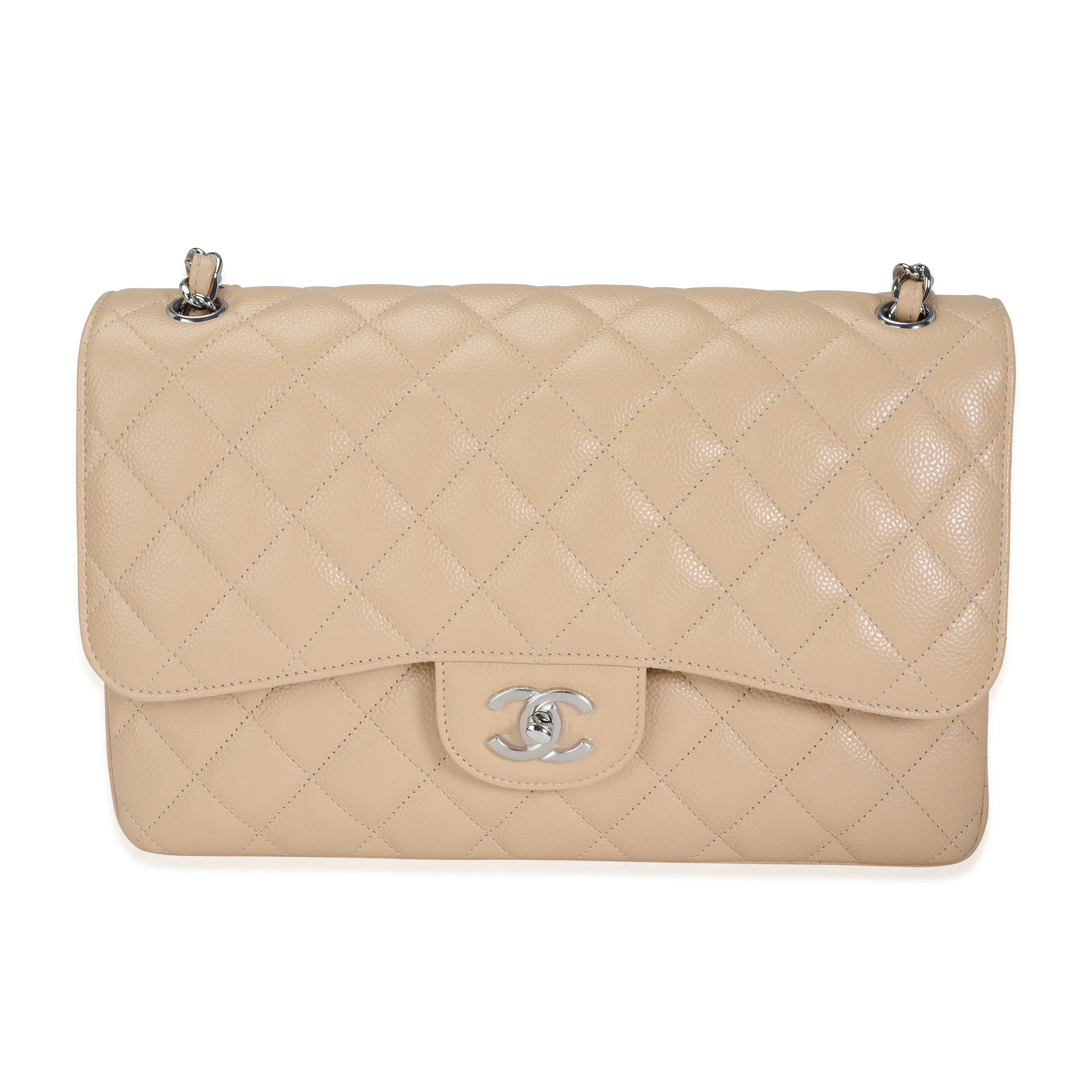 CHANEL Beige Quilted Caviar Jumbo Classic Double New Bag