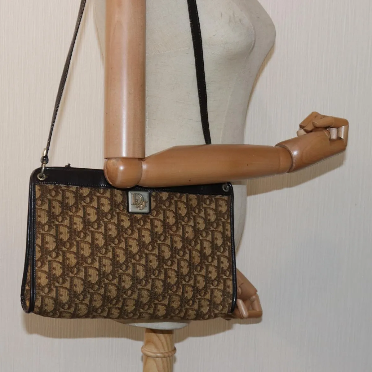 CHRISTIAN DIOR Trotter Canvas Shoulder Bag Brown Auth 81609