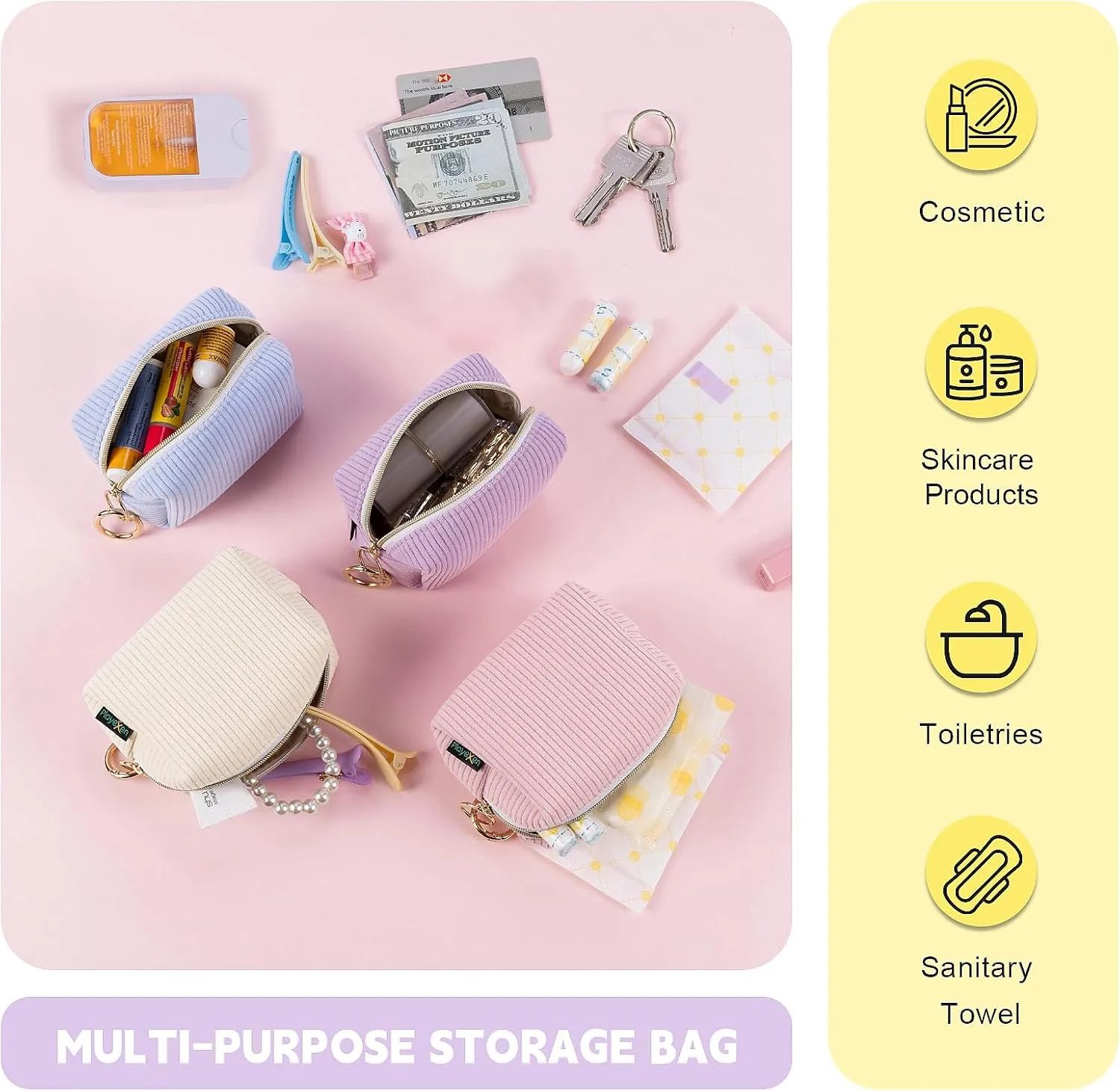 Corduroy Makeup Bag, Small Cosmetics Bag for Purse, Portable Travel Makeup Pouch with Ring Buckle & Inner Pockets for Women