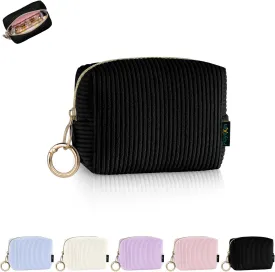 Corduroy Makeup Bag, Small Cosmetics Bag for Purse, Portable Travel Makeup Pouch with Ring Buckle & Inner Pockets for Women