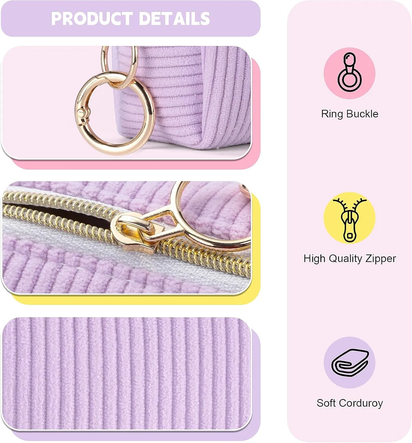 Corduroy Makeup Bag, Small Cosmetics Bag for Purse, Portable Travel Makeup Pouch with Ring Buckle & Inner Pockets for Women