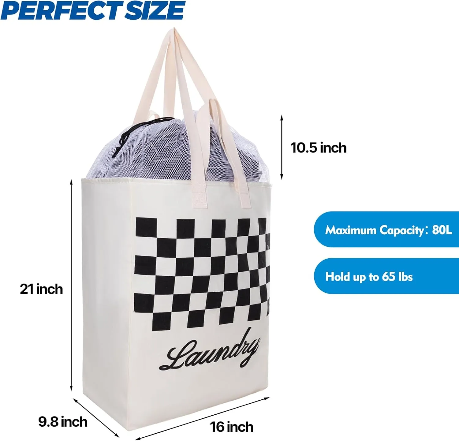 Cotton Laundry Bag XL, AXJ Extra Large Heavy Duty Dirty Clothes Bags, Storage Bag with Fixed Drawstring Mesh, Shoulder Straps and Handles, VOL 80L, 16 x 9.8 x 21 (Creamy-white)