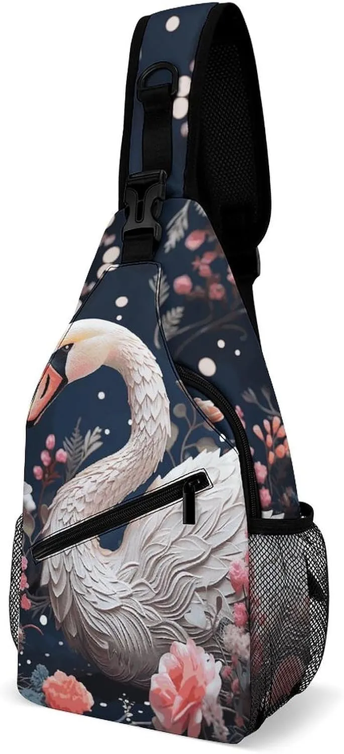 Crossbody Bag for Women Men Chest Bag Floral Swan Sling Bag Crossbody Shoulder Bag Sling Backpack