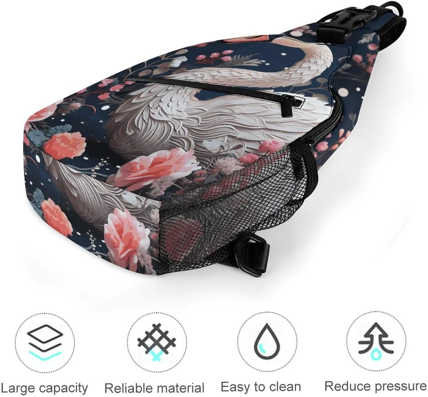 Crossbody Bag for Women Men Chest Bag Floral Swan Sling Bag Crossbody Shoulder Bag Sling Backpack