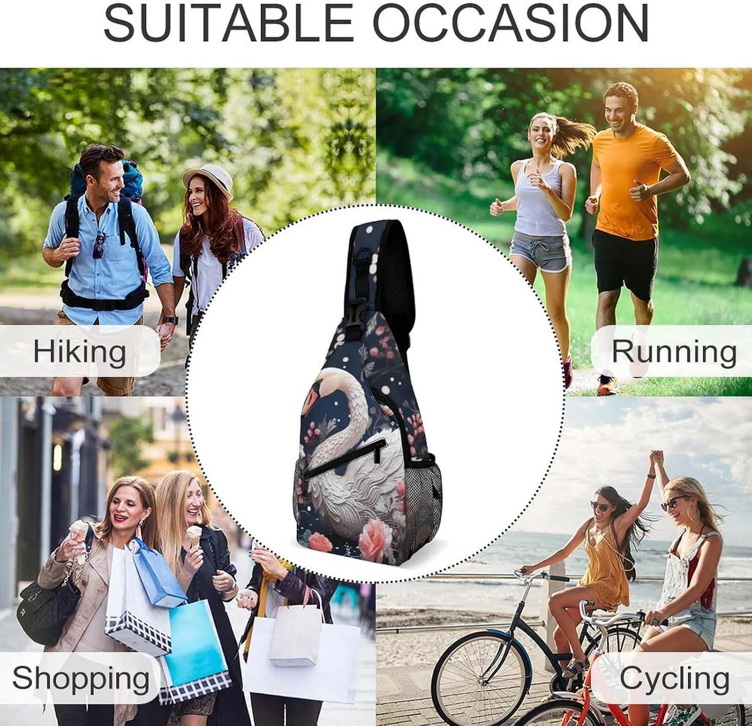Crossbody Bag for Women Men Chest Bag Floral Swan Sling Bag Crossbody Shoulder Bag Sling Backpack