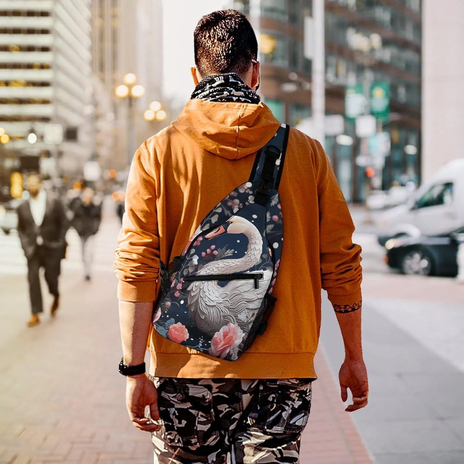 Crossbody Bag for Women Men Chest Bag Floral Swan Sling Bag Crossbody Shoulder Bag Sling Backpack