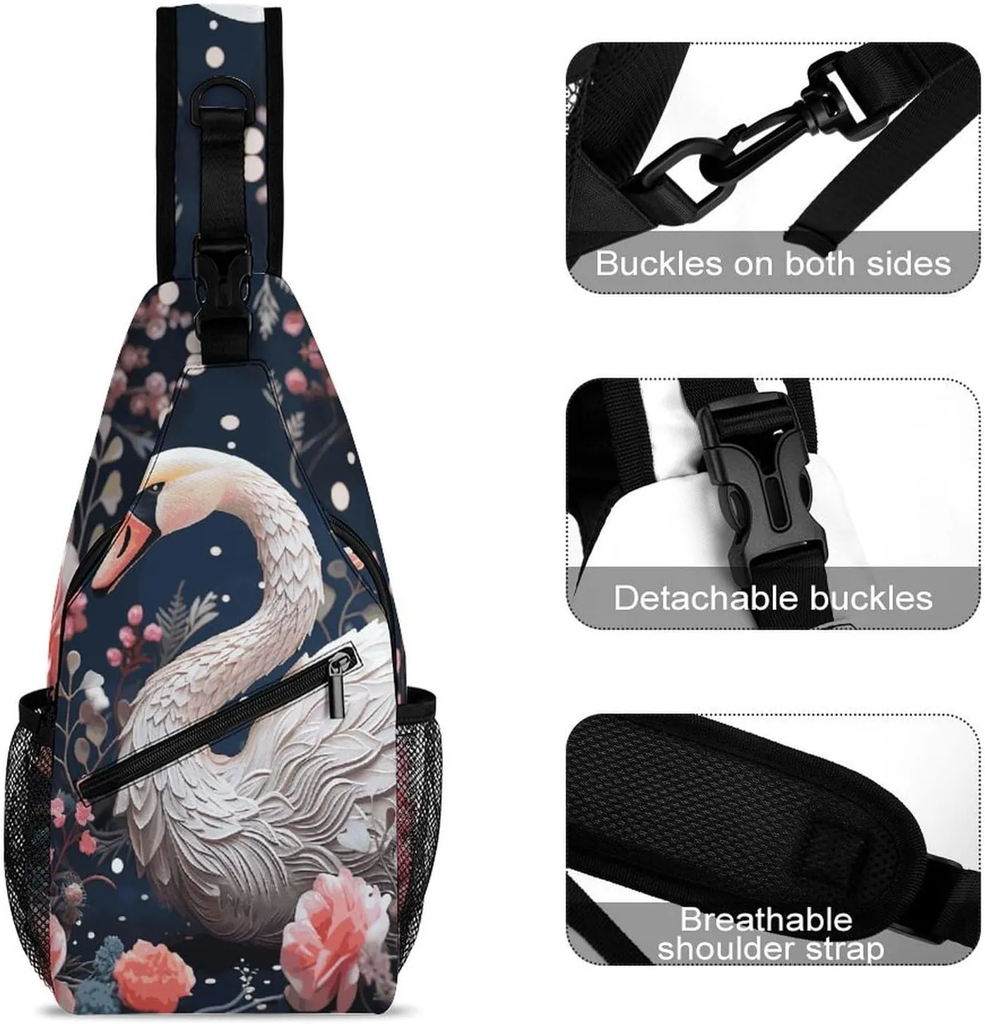 Crossbody Bag for Women Men Chest Bag Floral Swan Sling Bag Crossbody Shoulder Bag Sling Backpack
