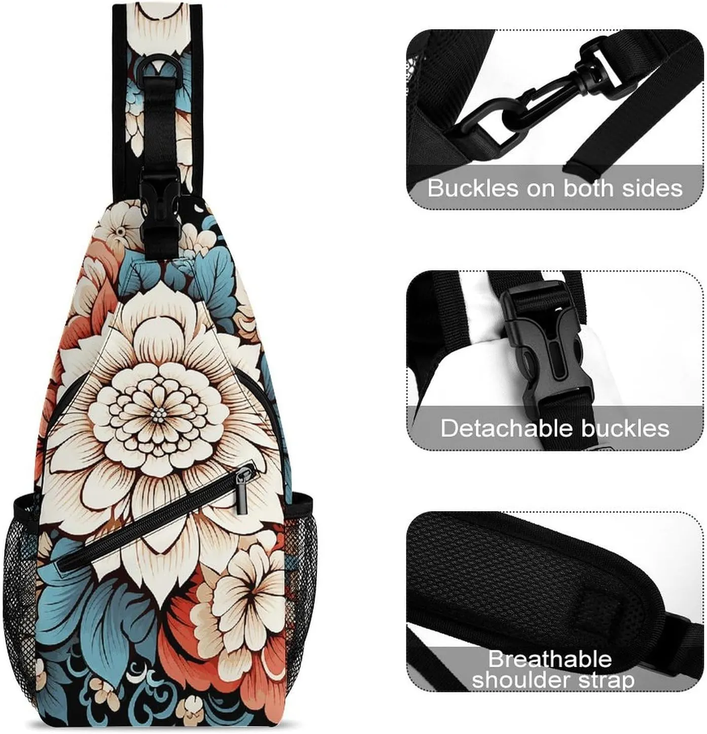 Crossbody Bag for Women Men Chest Bag Floral Swan Sling Bag Crossbody Shoulder Bag Sling Backpack