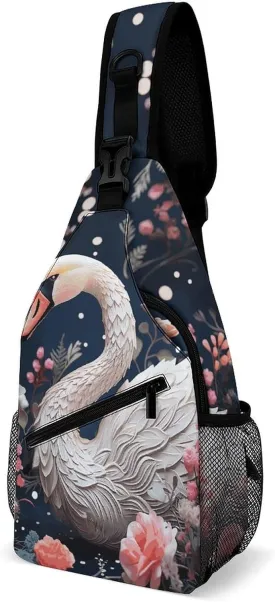Crossbody Bag for Women Men Chest Bag Floral Swan Sling Bag Crossbody Shoulder Bag Sling Backpack