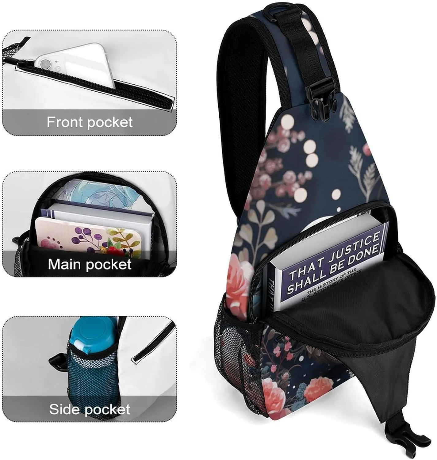 Crossbody Bag for Women Men Chest Bag Floral Swan Sling Bag Crossbody Shoulder Bag Sling Backpack