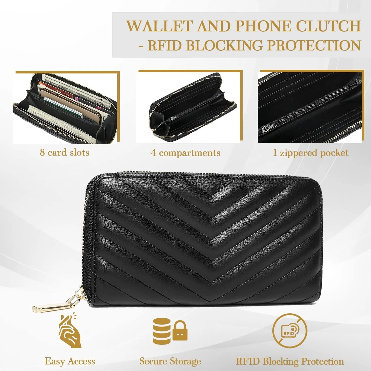 Daisy Rose Womens Zip-Around Wallet & Phone Clutch with RFID Blocking, PU Vegan Leather (Black)
