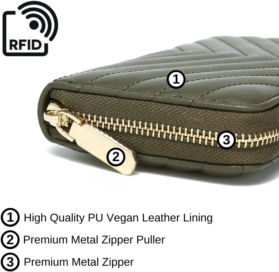 Daisy Rose Womens Zip-Around Wallet & Phone Clutch with RFID Blocking, PU Vegan Leather (Olive)