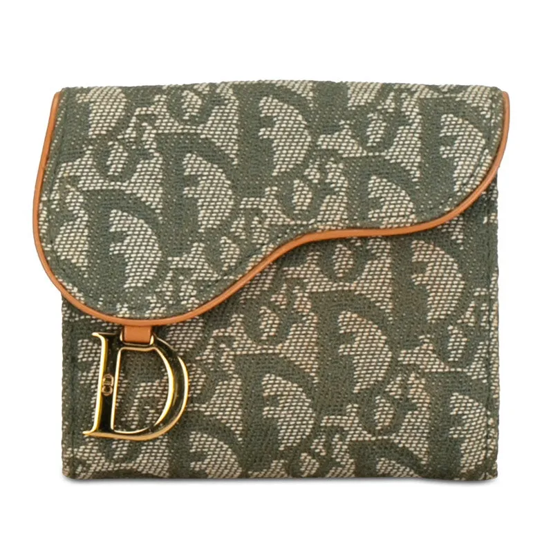 Dior Trotter Saddle Twin Fold Wallet Green Beige Canvas Leather  Dior