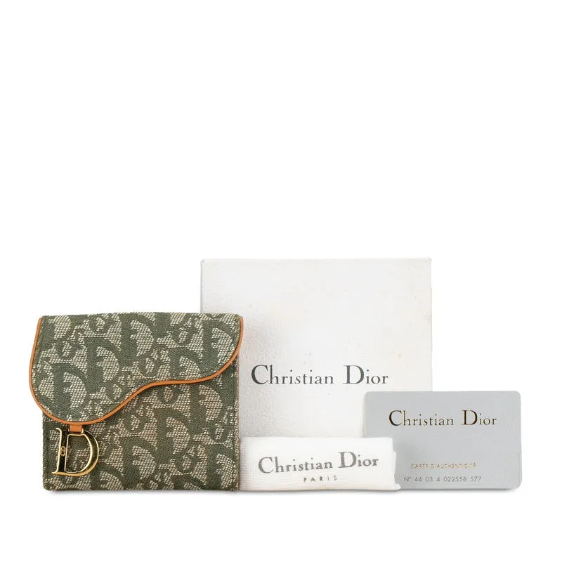 Dior Trotter Saddle Twin Fold Wallet Green Beige Canvas Leather  Dior