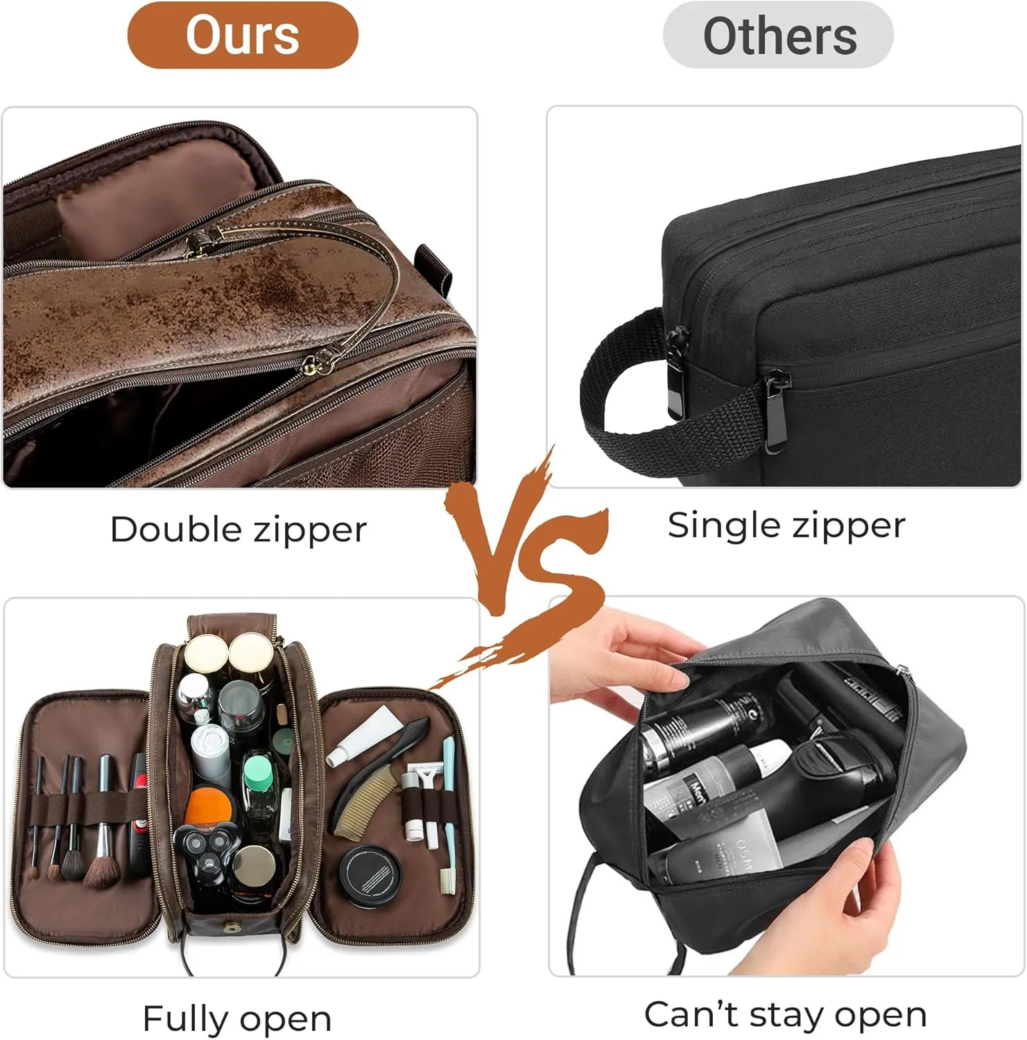Elviros Toiletry Bag for Men, Large Travel Shaving Dopp Kit Water-resistant Bathroom Toiletries Organizer PU Leather Cosmetic Bags (Medium, Chocolate)
