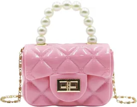 Fashion Candy Color Handbag Satchel Mini Pink Purse Jelly Shoulder Bag Crossbody Purse with Pearls Handle Chain Strap(Small)