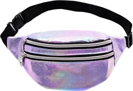 Fashion Holographic Fanny Pack for Mother' Day Gift, Purple Sports Waist Bag, Shinny Travel Fanny Bag for Work, Runing, Rave, Hiking, Festival, Beach