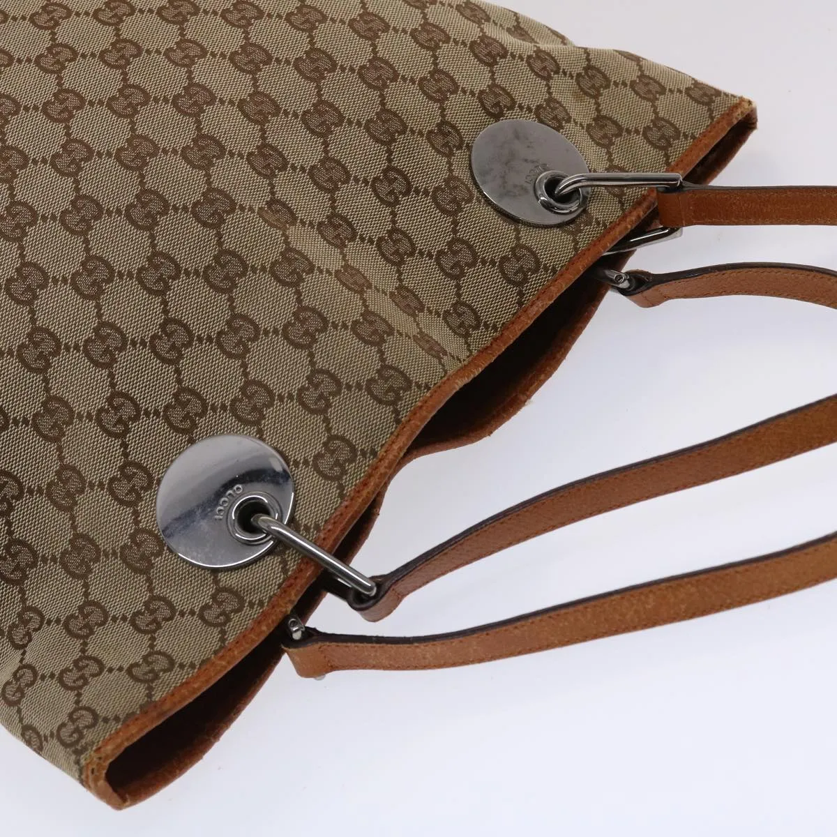 GUCCI GG Canvas Tote Bag Canvas Leather Beige Brown 120836  49290
