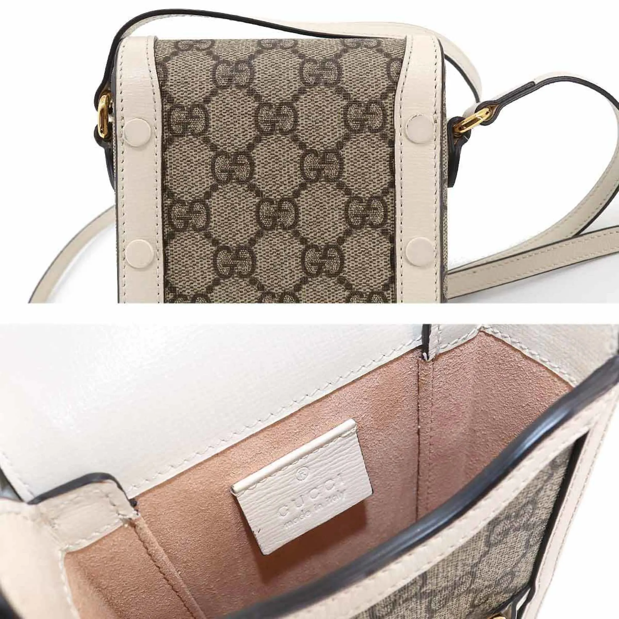 GUCCI Horsebit 1955 Mini Shoulder Bag GG Supreme Leather White Beige 625615