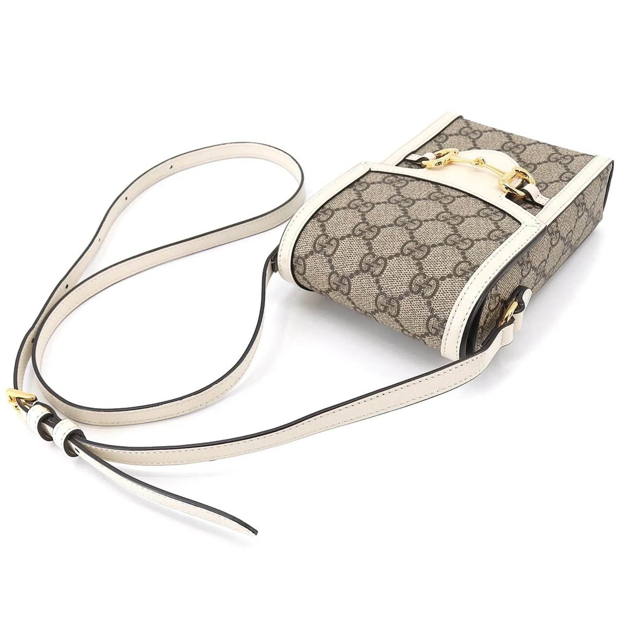 GUCCI Horsebit 1955 Mini Shoulder Bag GG Supreme Leather White Beige 625615
