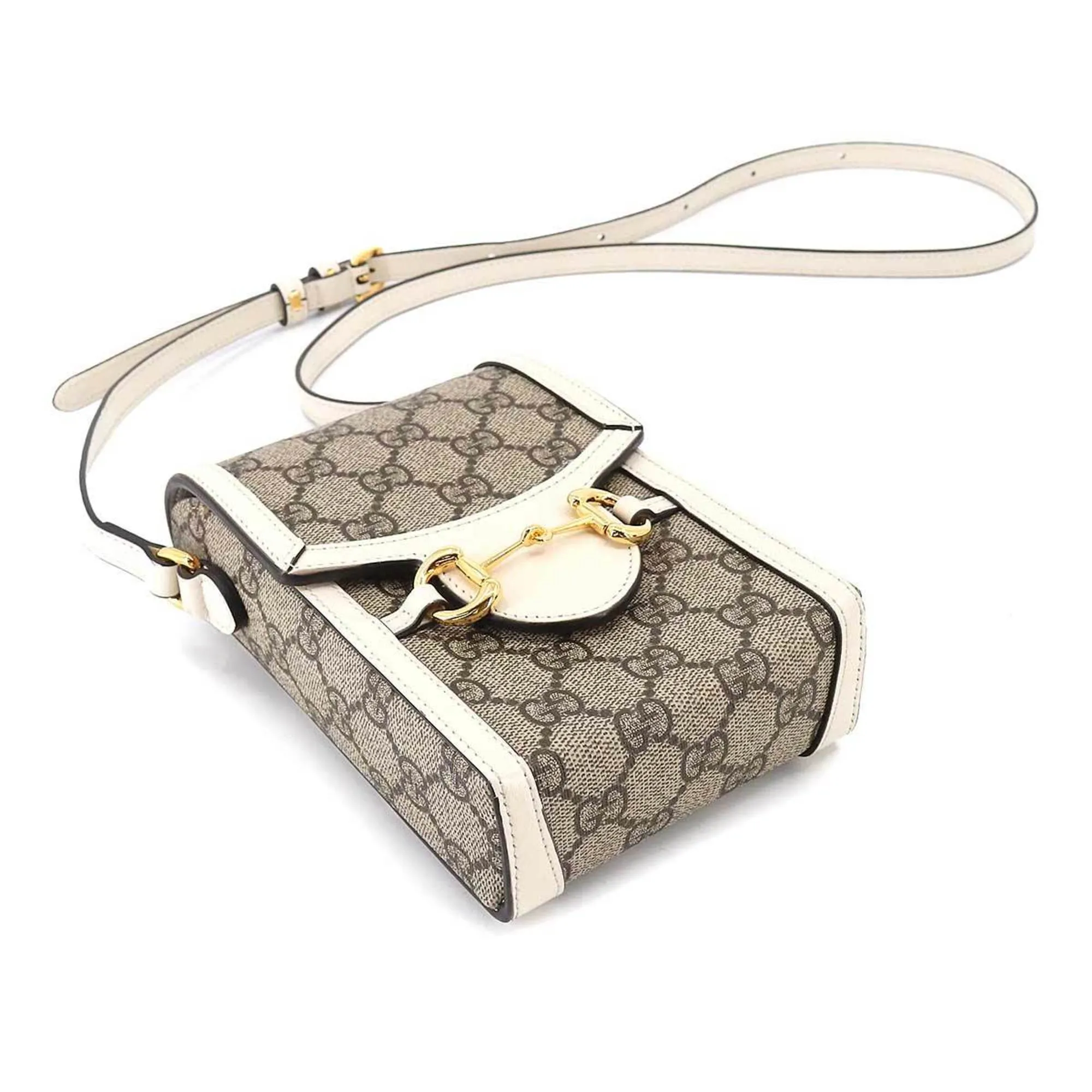 GUCCI Horsebit 1955 Mini Shoulder Bag GG Supreme Leather White Beige 625615