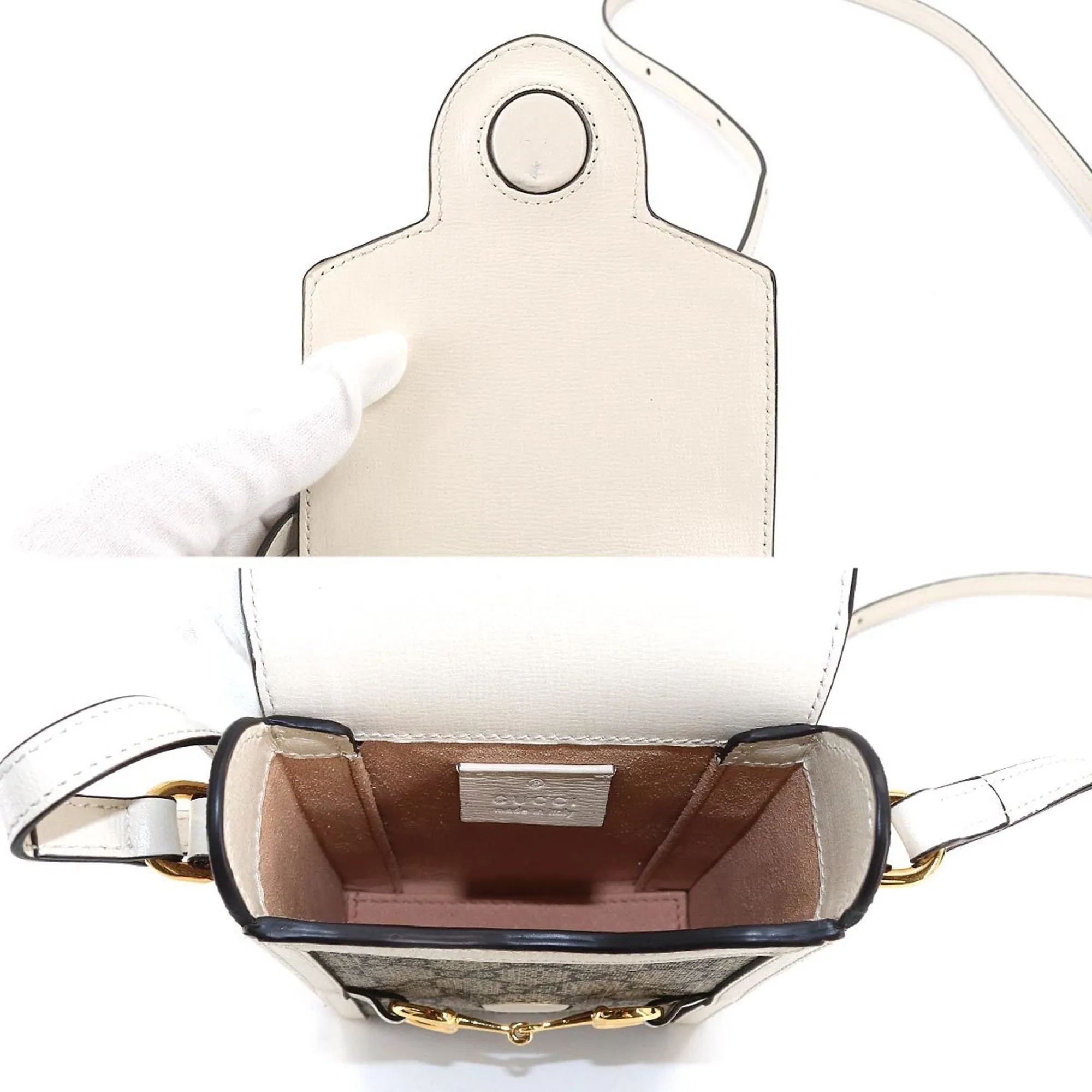 GUCCI Horsebit 1955 Mini Shoulder Bag GG Supreme Leather White Beige 625615