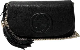 Gucci Soho Leather Flap Shoulder Bag Black Gold Tassel New Authentic