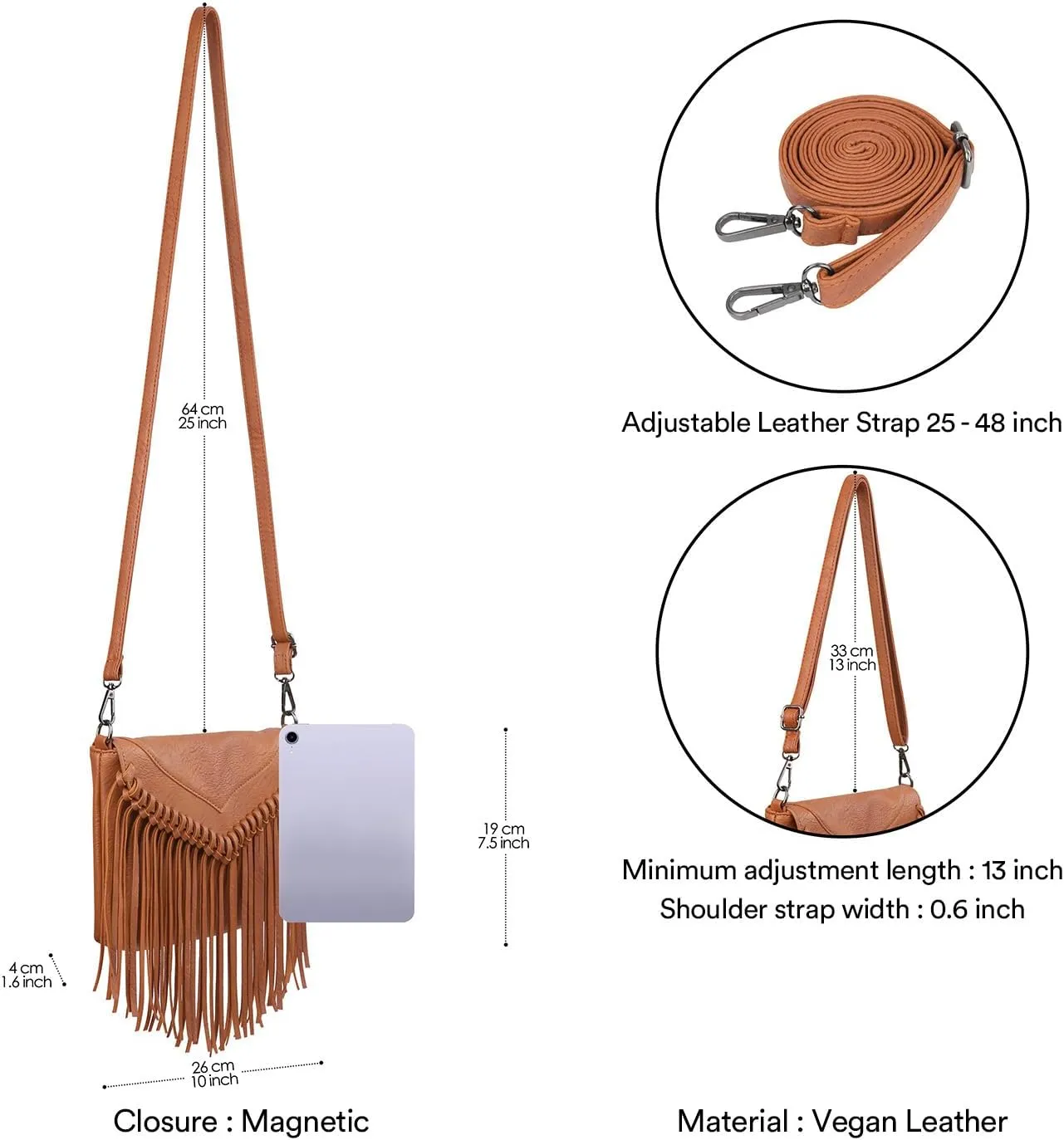 HDE Women's PU Leather Hobo Fringe Crossbody Tassel Purse Vintage Small Handbag