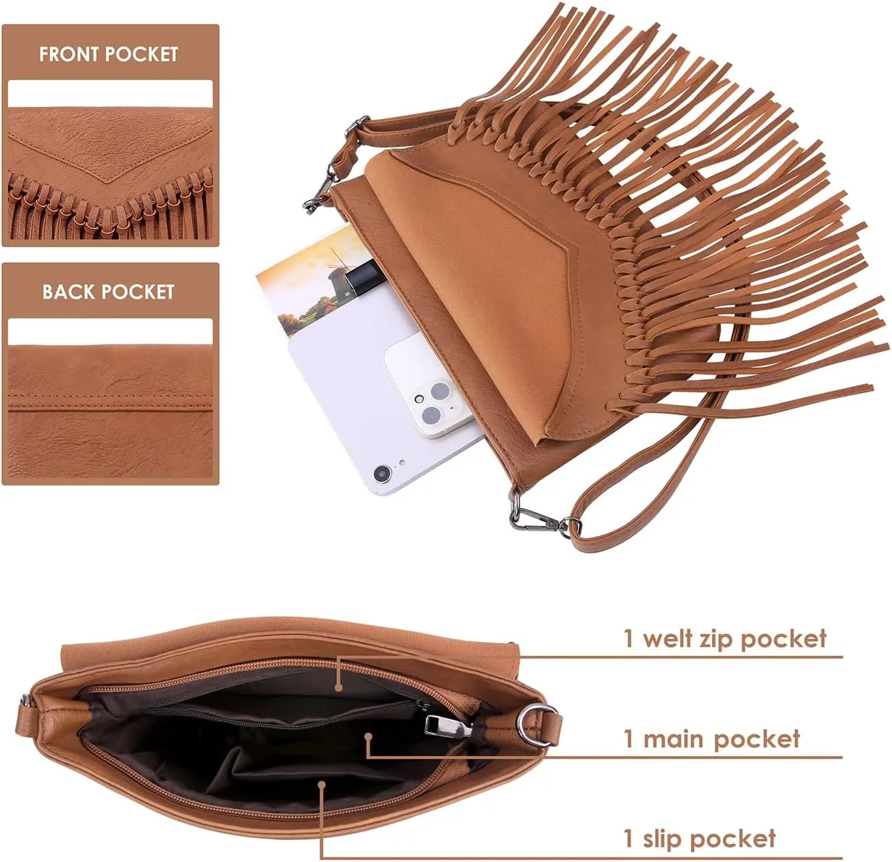 HDE Women's PU Leather Hobo Fringe Crossbody Tassel Purse Vintage Small Handbag