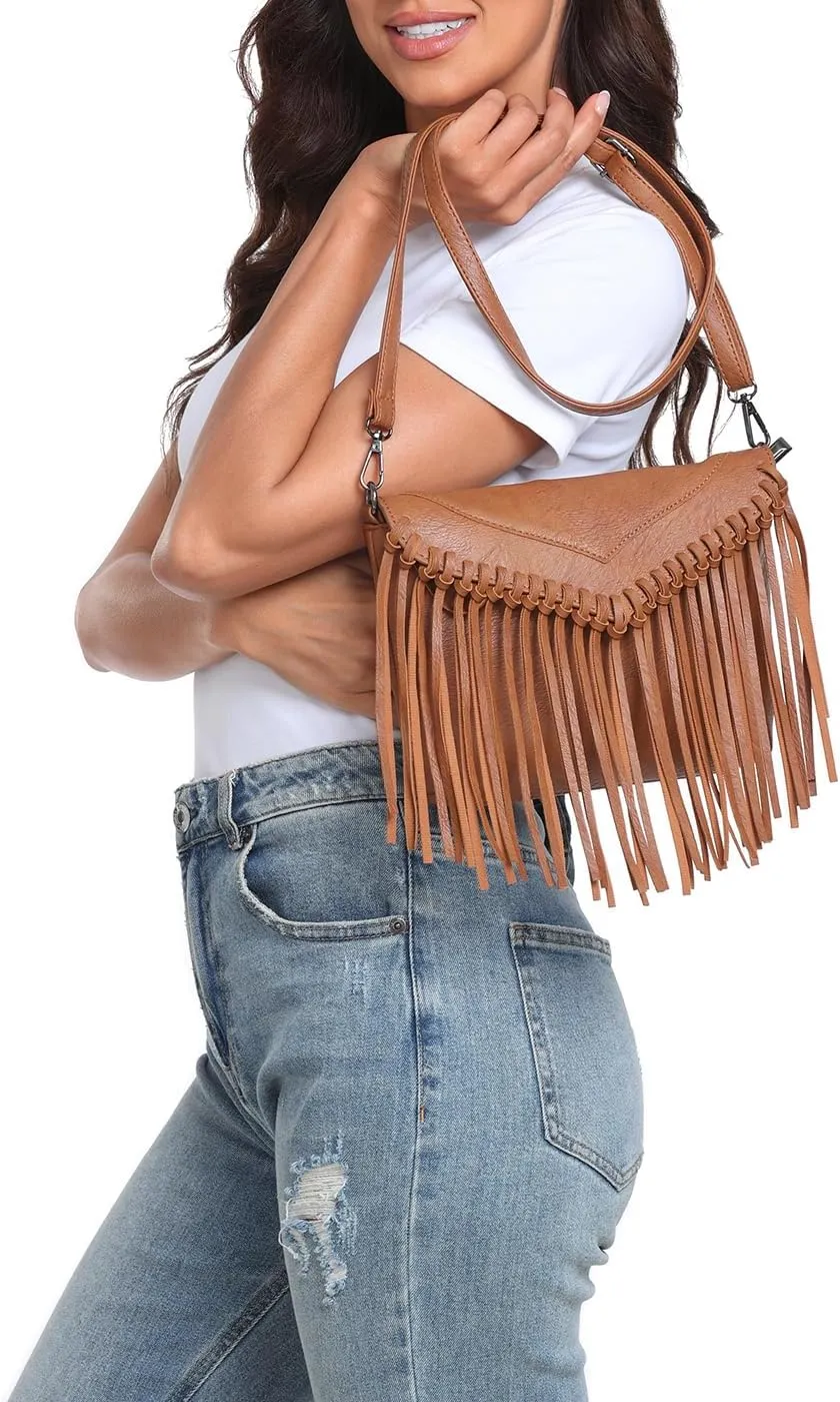 HDE Women's PU Leather Hobo Fringe Crossbody Tassel Purse Vintage Small Handbag