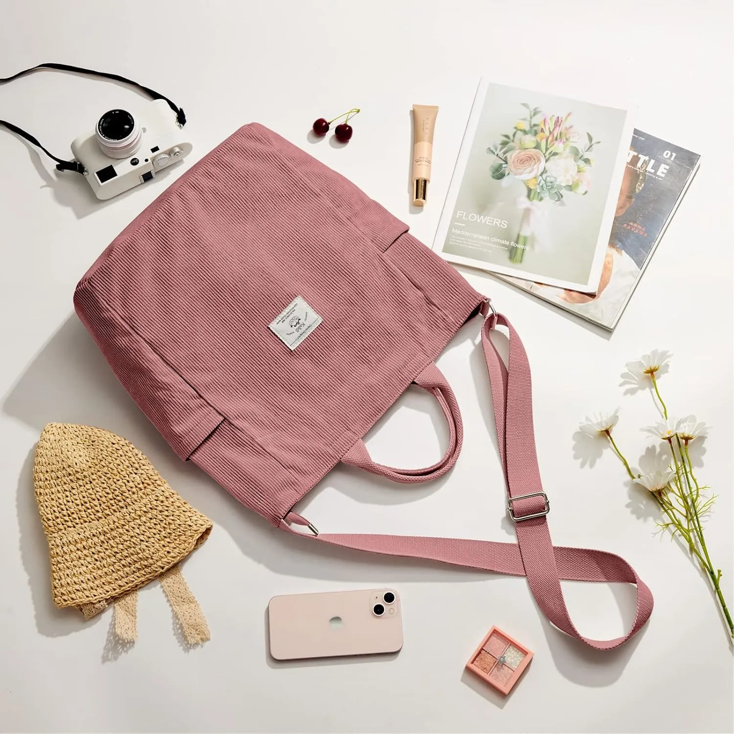 KALIDI Corduroy Tote Bag, Large Messenger Bag Shoulder Hobo Anti Splash Crossbody Zipper Bag Casual Work Shopping Women