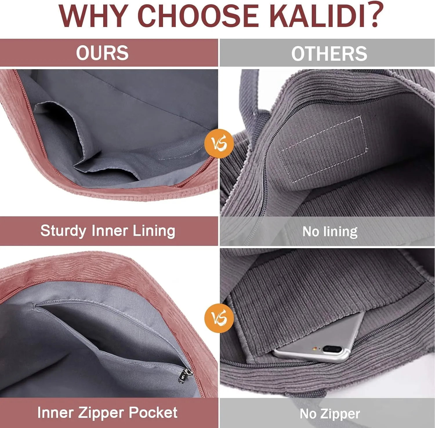 KALIDI Corduroy Tote Bag, Large Messenger Bag Shoulder Hobo Anti Splash Crossbody Zipper Bag Casual Work Shopping Women