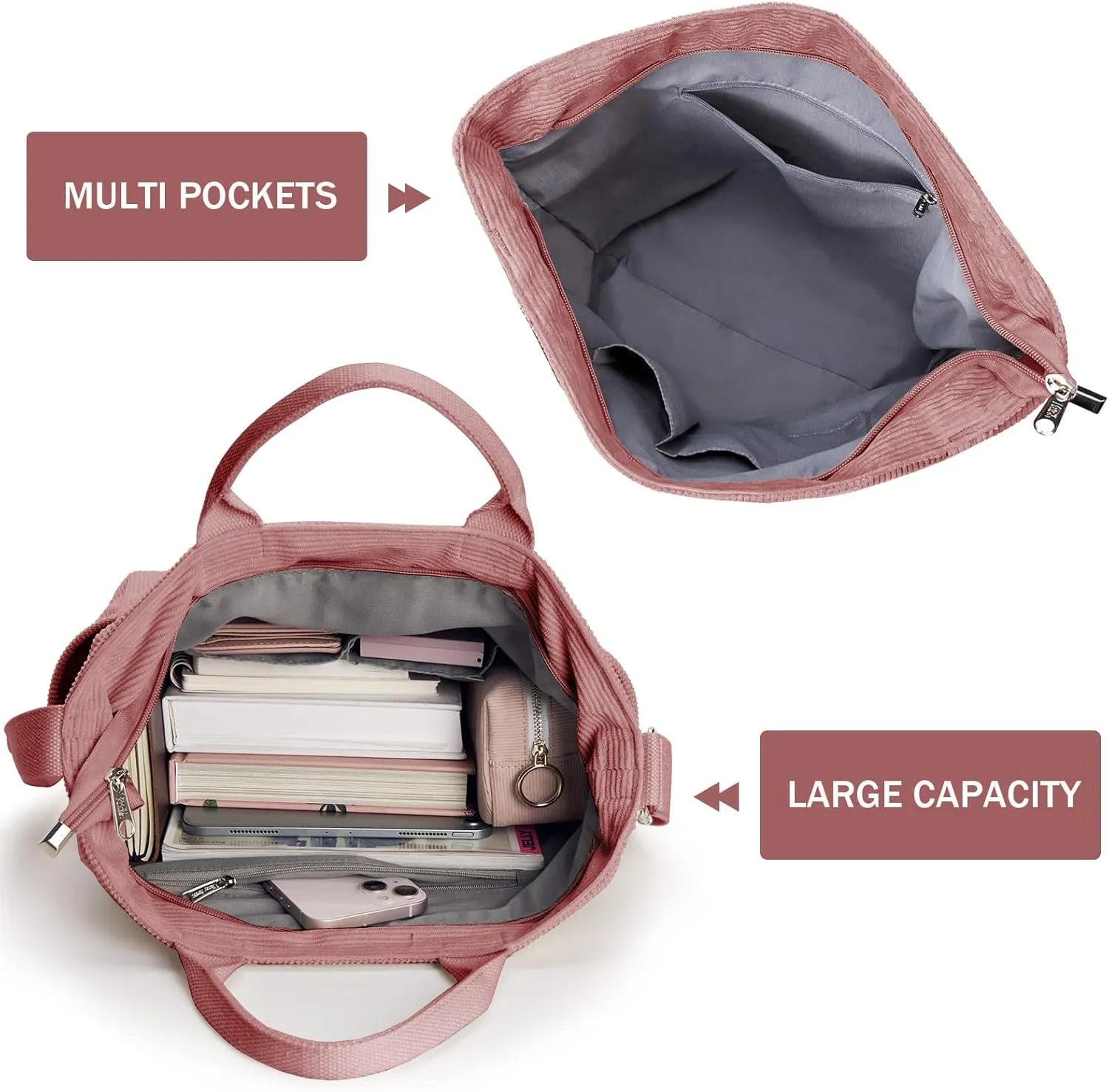 KALIDI Corduroy Tote Bag, Large Messenger Bag Shoulder Hobo Anti Splash Crossbody Zipper Bag Casual Work Shopping Women
